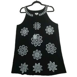 Chic Connection Black Floral Embroidered Mini Dress Women's XL Tassel Tie Neck